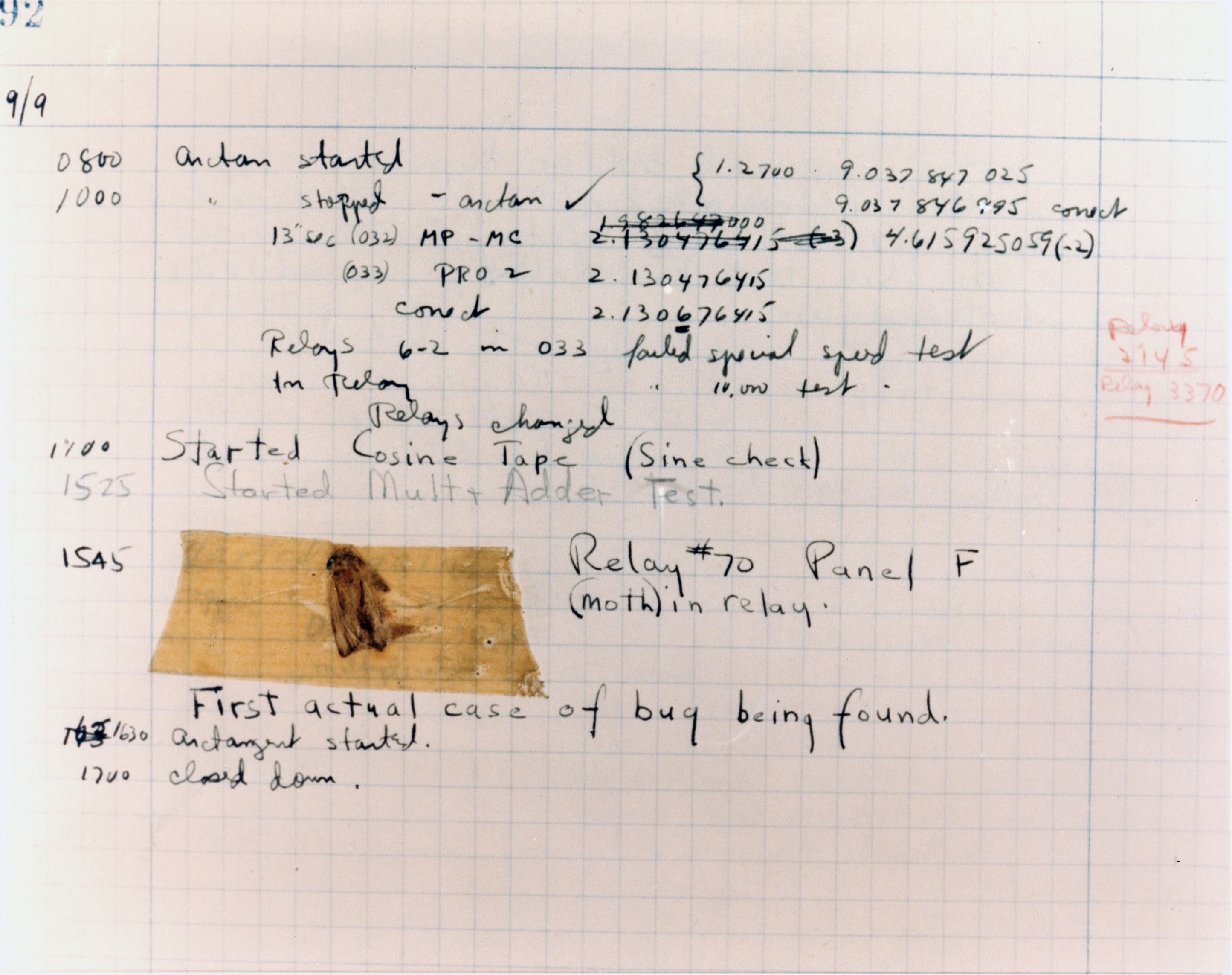 Grace Hopper’s note from September 9, 1947, containing the actual moth that is often claimed to have initiated the use of the term “bug” in computer science.  From Wikimedia Commmons, image in the public domain.
