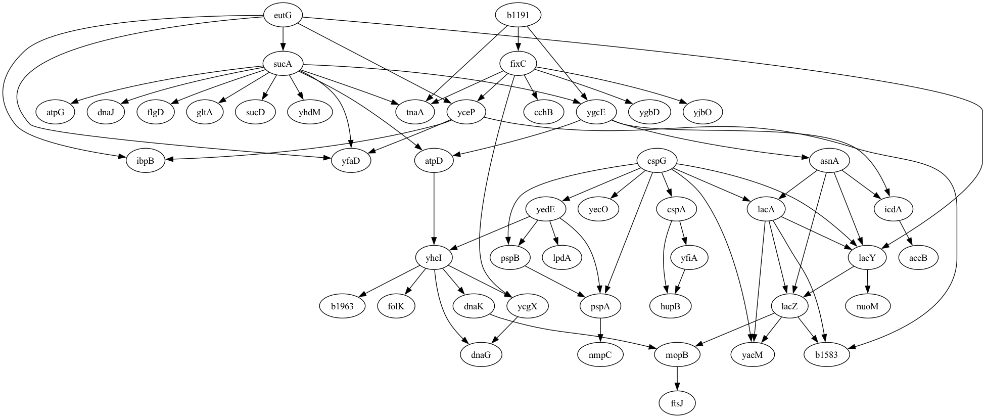 A plot of the graphical model for the E. Coli gene expression data generated by .