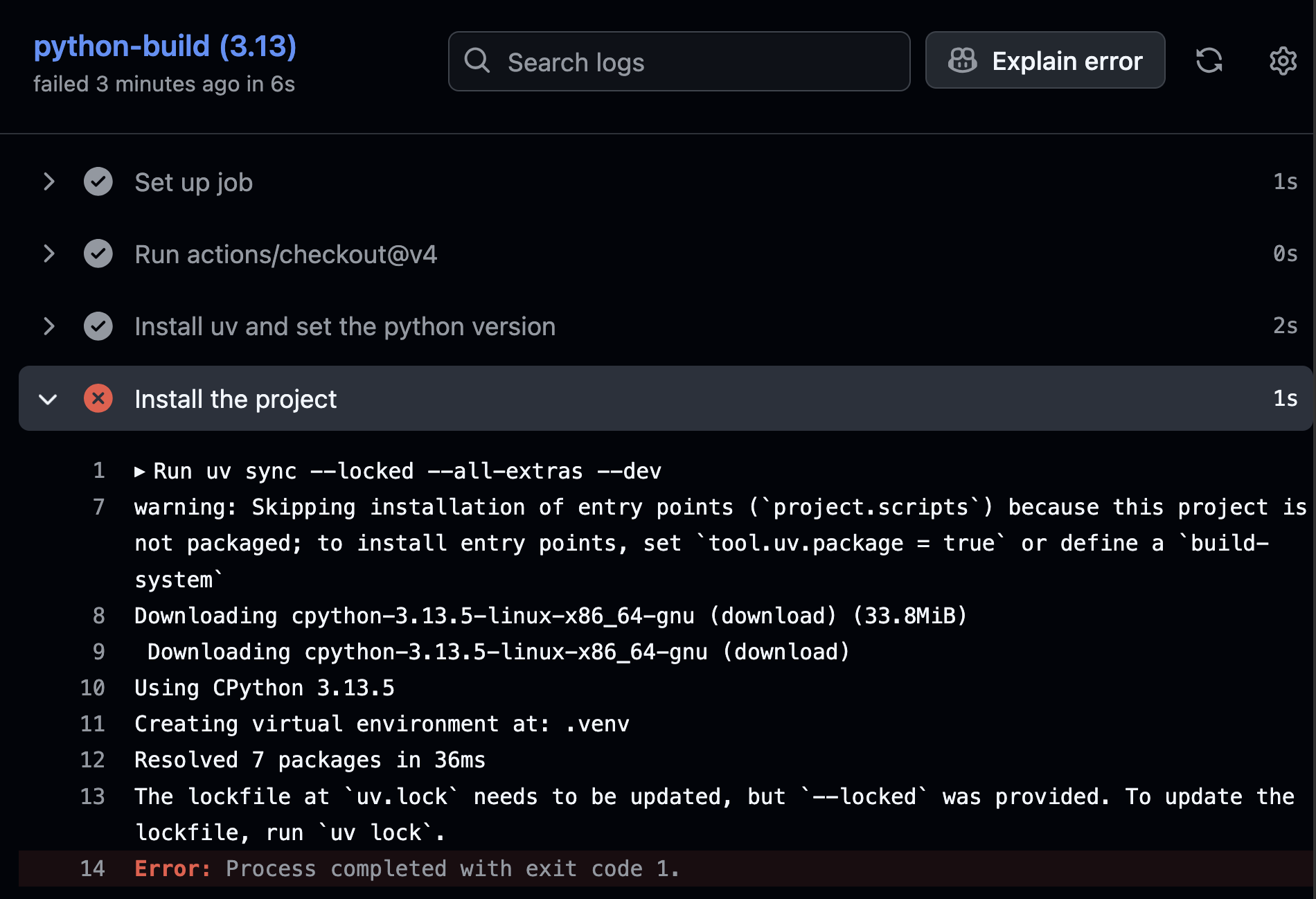 Github actions failure