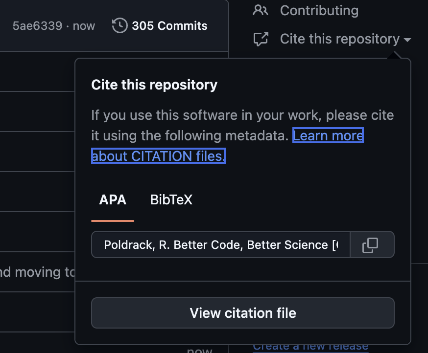 An example of the citation information generated automatically by GitHub on the basis of the CITATION.cff file.